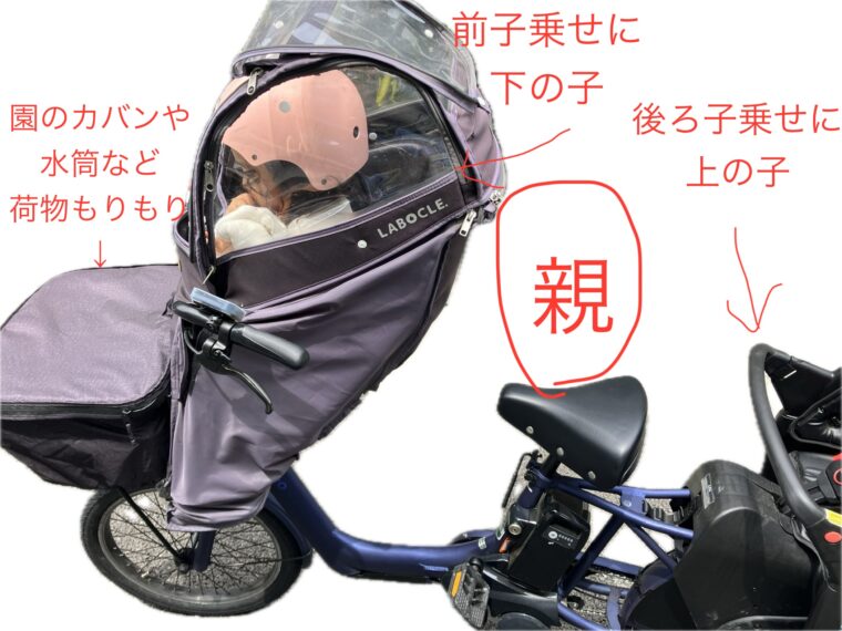 電動自転車の前子乗せに子どもを乗せて、荷物などを乗せた状態